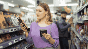 mulher comprando chocolate em uma loja